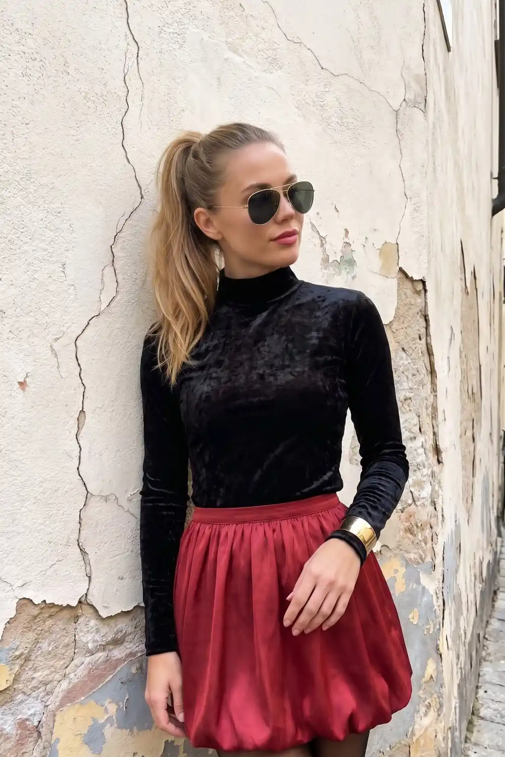 Woman in black crushed velvet turtleneck top with burgundy satin bubble mini skirt