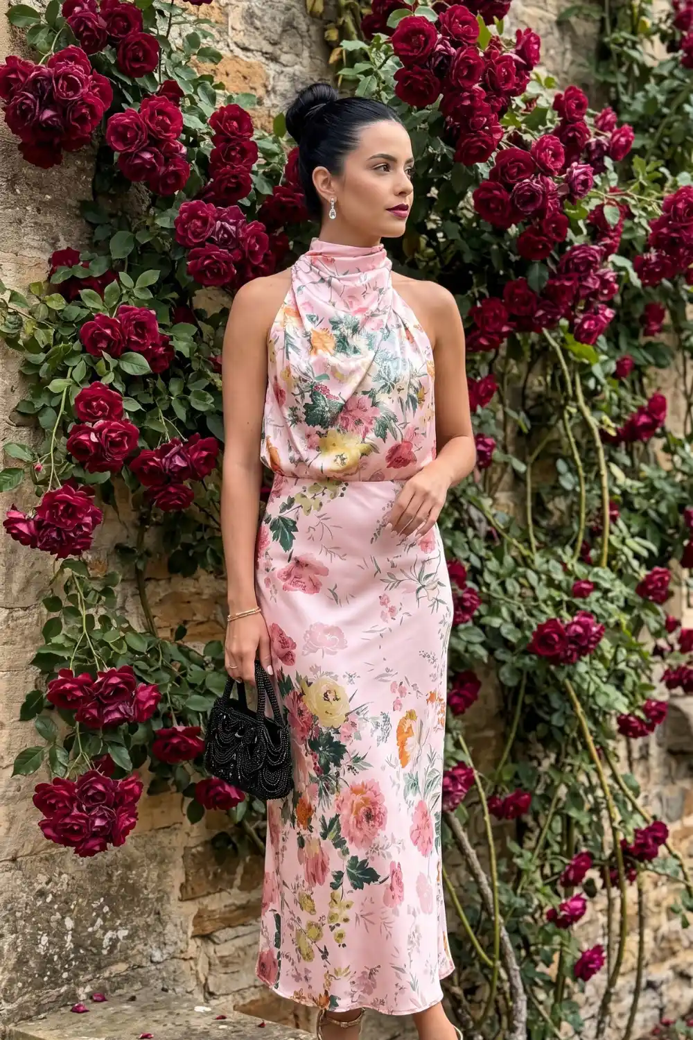 Woman wearing blush pink floral satin high neck maxi dress
