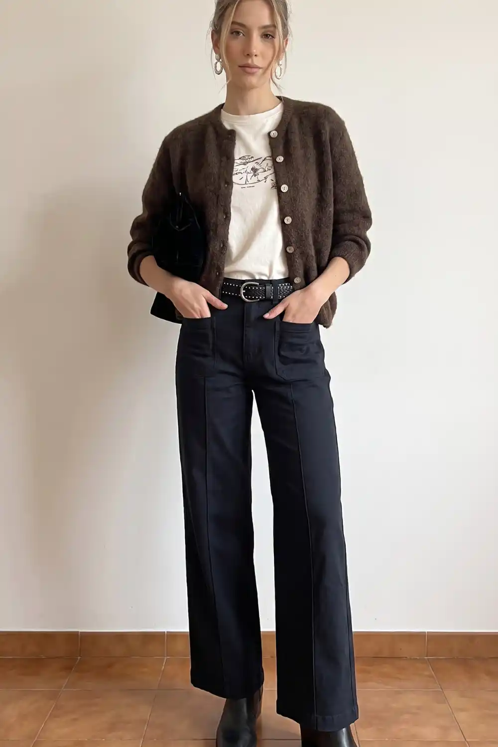 Woman wearing dark brown fluffy button cardigan with white tee and navy wide leg jeans