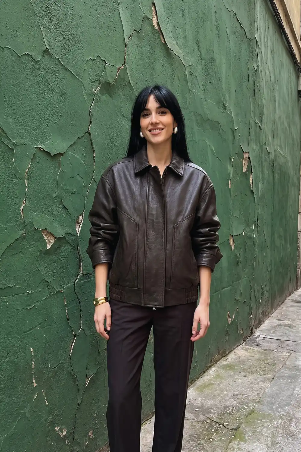Woman in dark chocolate brown oversized leather bomber jacket with dark brown straight trousers