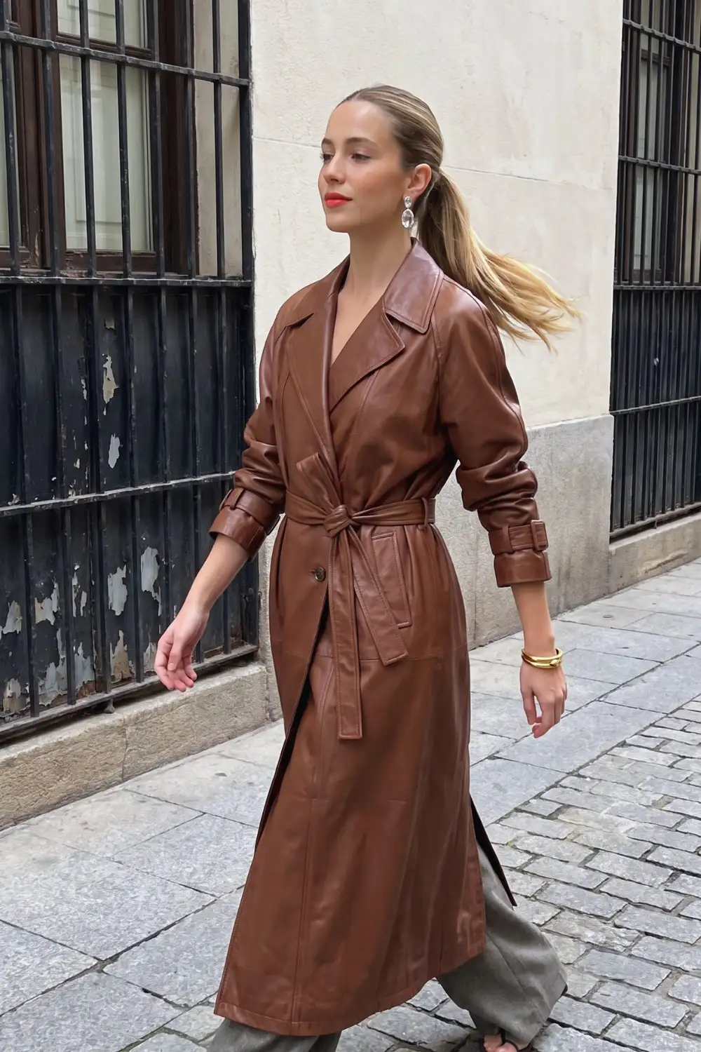Woman in chocolate brown belted leather maxi trench coat with grey wide leg trousers