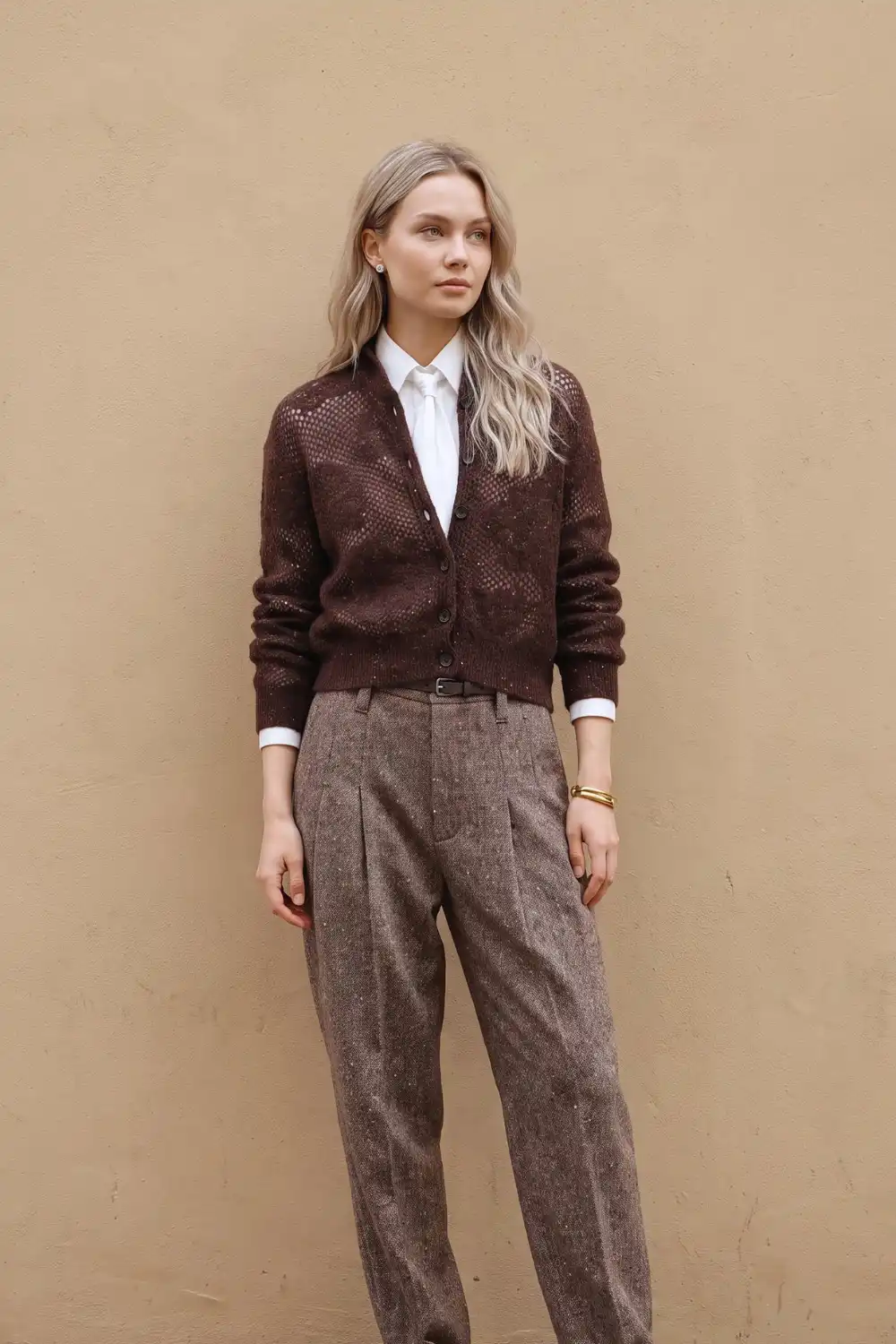 Woman in dark brown open weave cardigan over white shirt with brown tweed wide leg trousers
