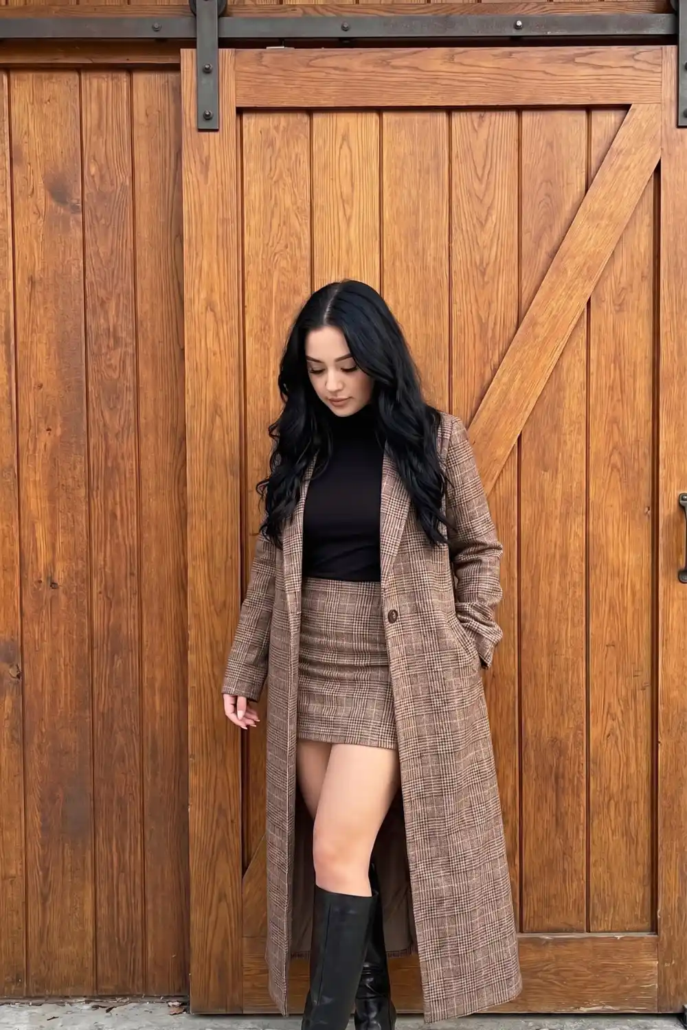 Woman wearing brown glen plaid longline coat with black turtleneck plaid mini skirt and knee high boots