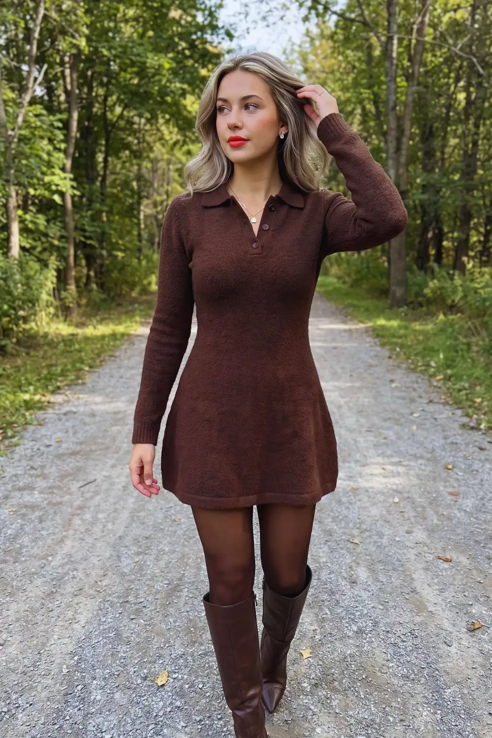 Woman in dark brown polo collar a-line knit mini sweater dress with brown tights and knee high boots