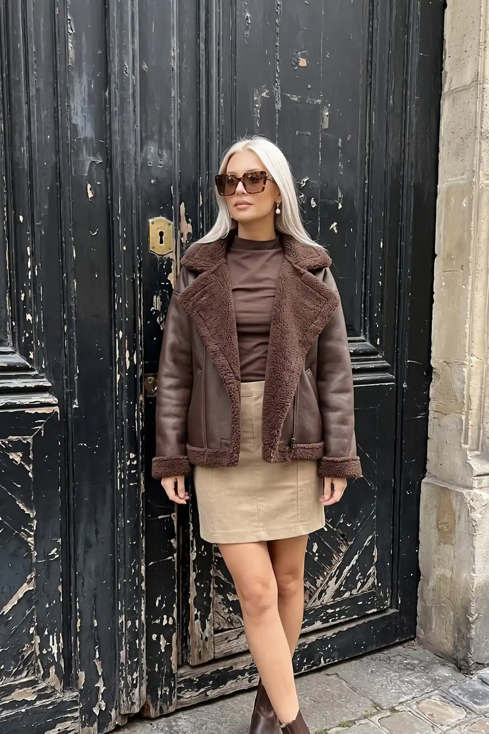 Woman wearing chocolate brown shearling leather aviator jacket with brown top beige suede mini skirt