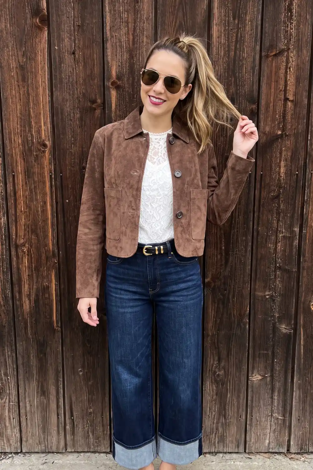 Woman wearing brown suede cropped jacket with white lace top and dark wide leg cuffed jeans