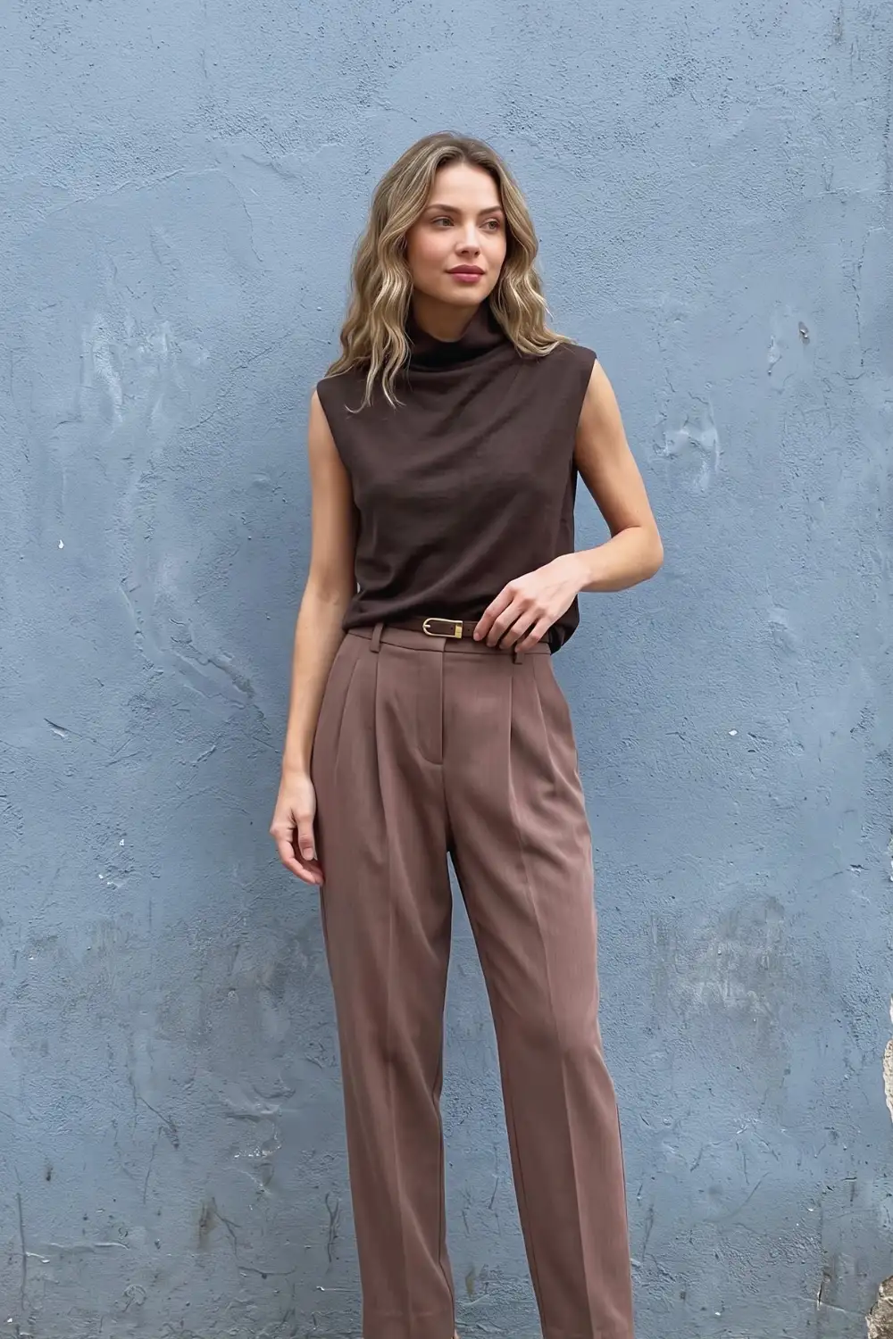 Woman in dark brown sleeveless turtleneck knit vest with matching brown wide leg tailored trousers