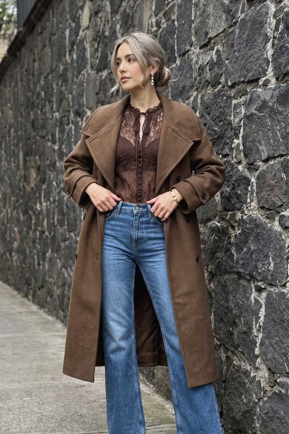 Woman in chocolate brown oversized wool coat with brown lace corset top and wide leg jeans