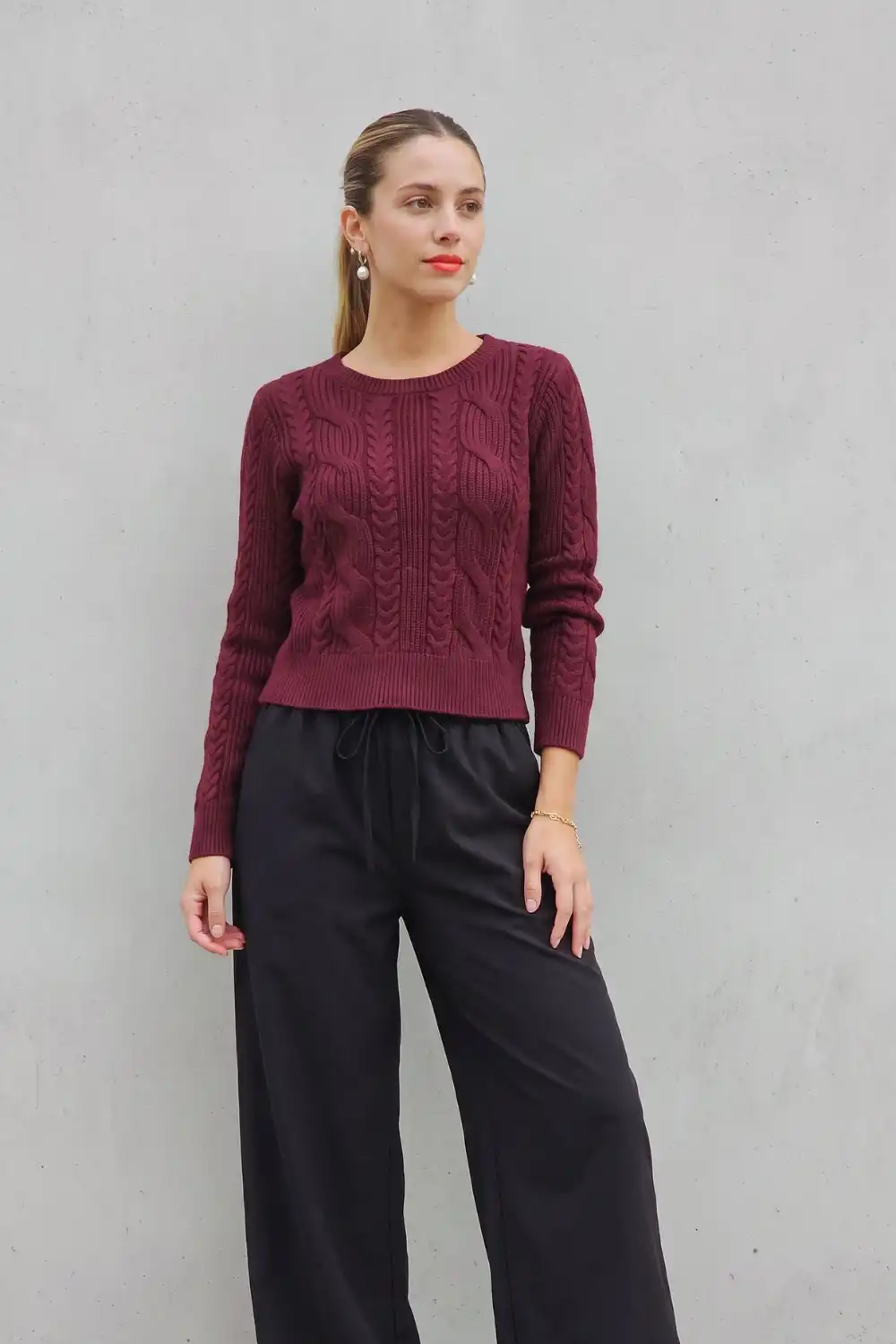 Burgundy Cable Knit with Black Wide Leg Trousers