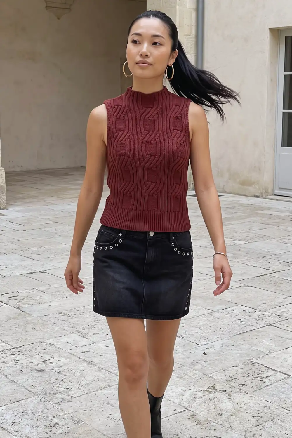 Woman in burgundy chunky braid cable knit mock neck vest with black eyelet denim mini skirt