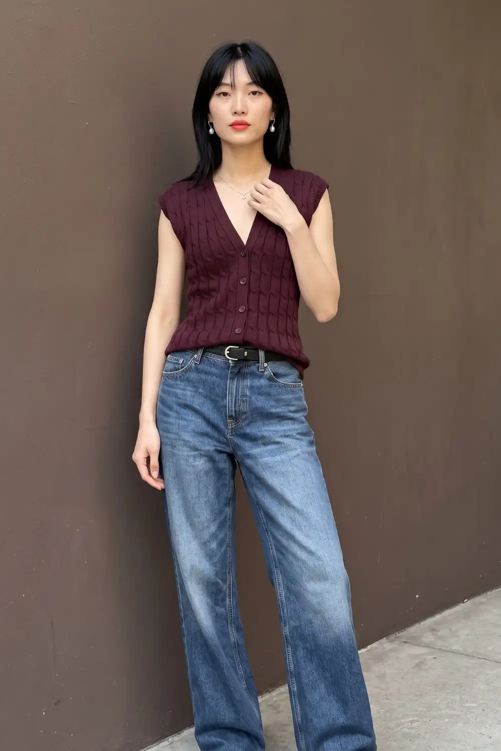 Woman in burgundy cable knit v neck button front sweater vest with mid blue wide leg jeans