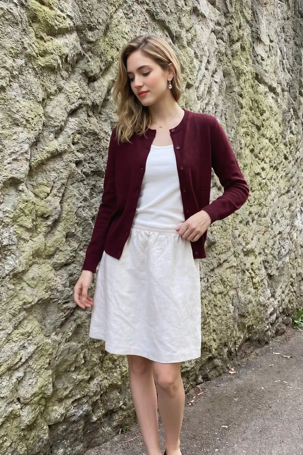 Woman in burgundy crew neck cardigan over white sleeveless mini dress