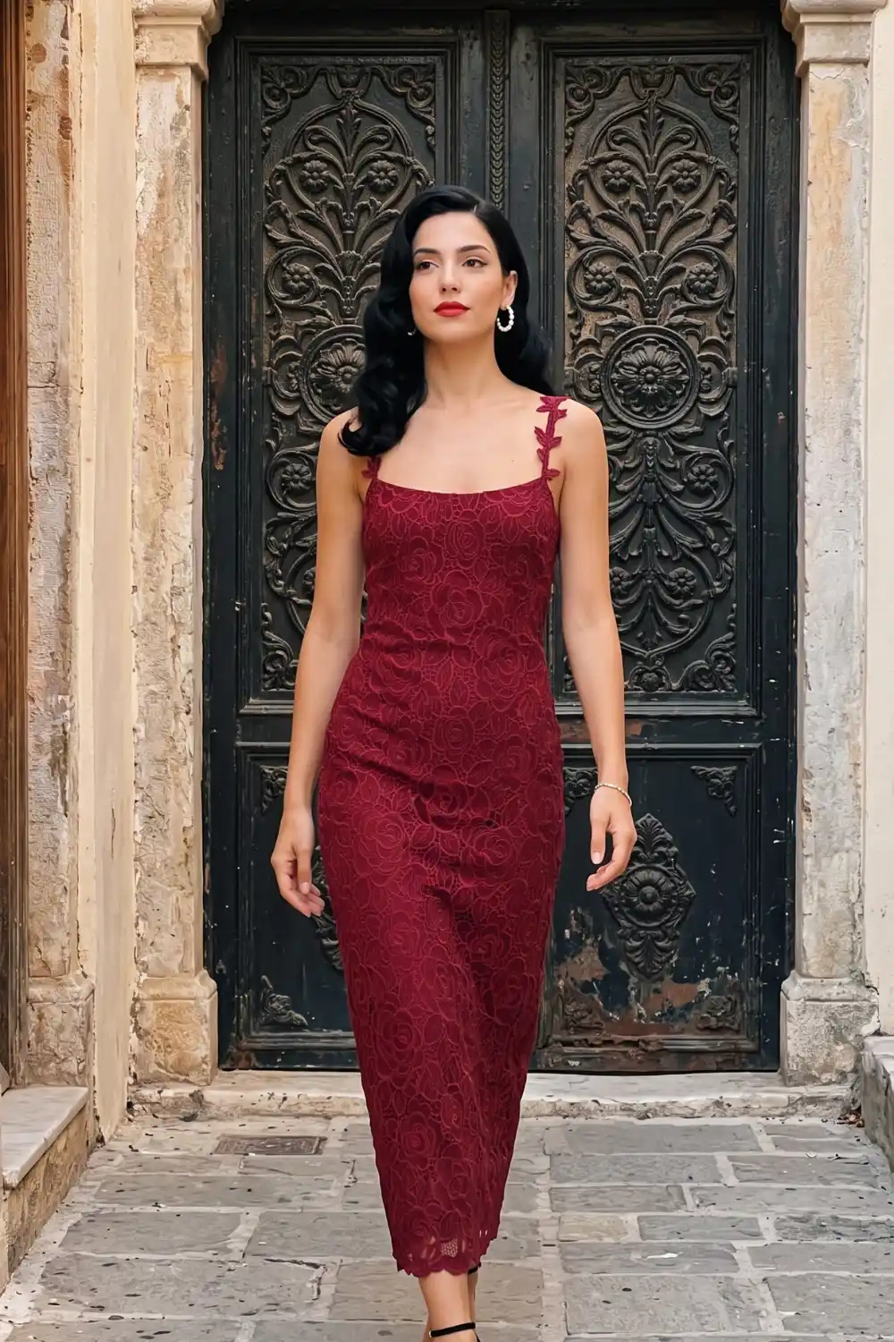 Woman in burgundy lace fitted midi dress