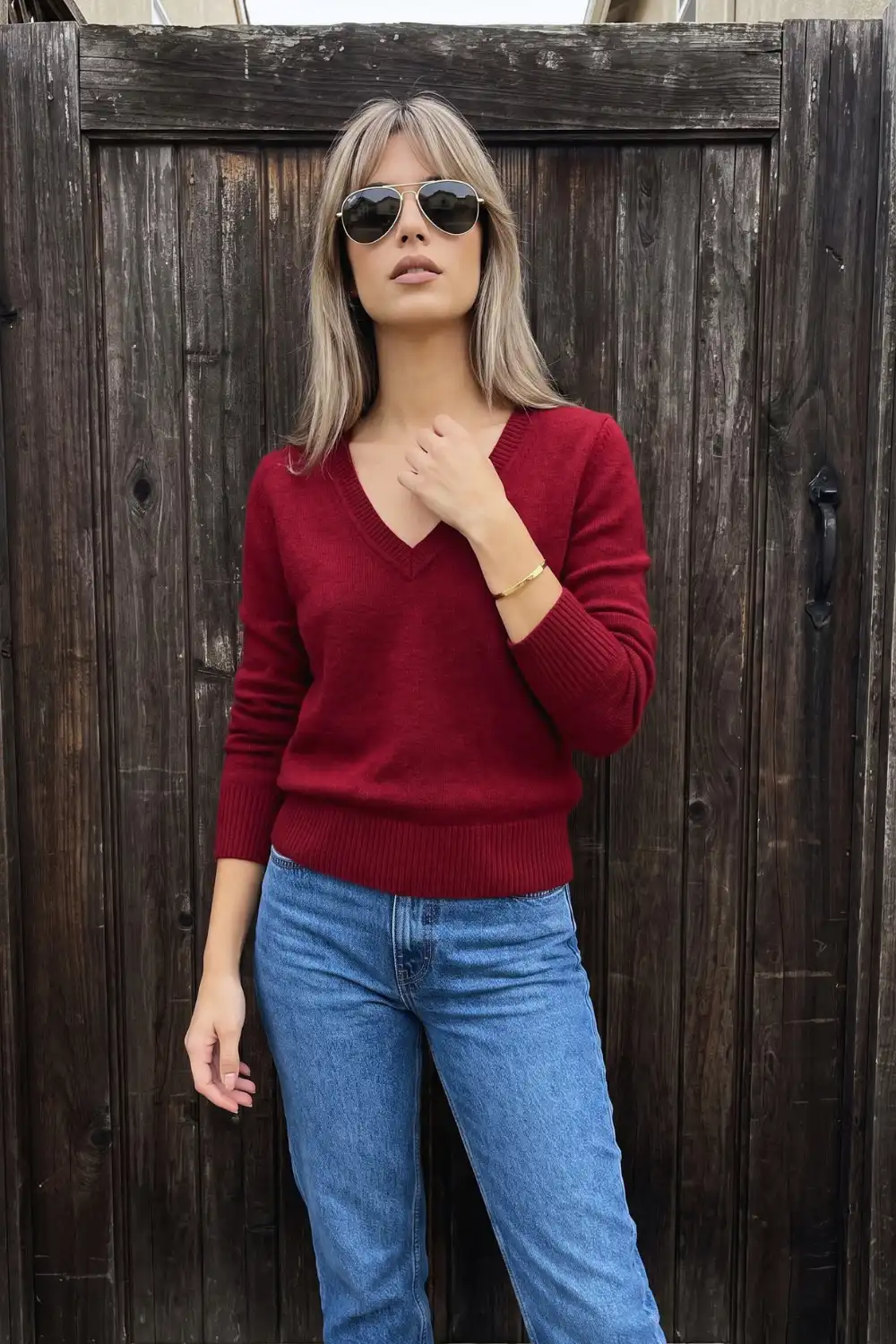 Woman in deep burgundy red v-neck knit sweater with mid wash straight jeans