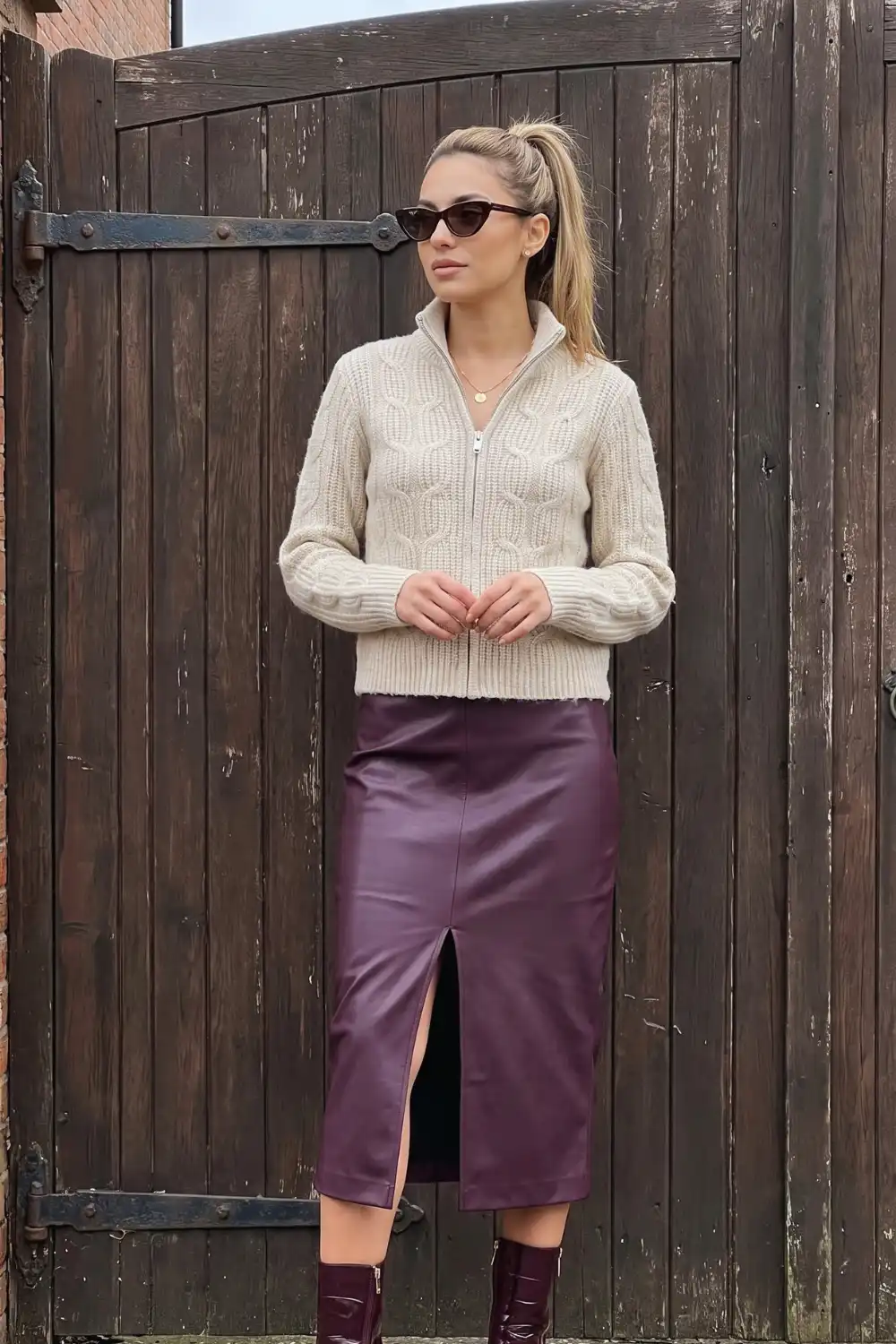 Woman in cream cable knit zip sweater with burgundy leather midi skirt with slit