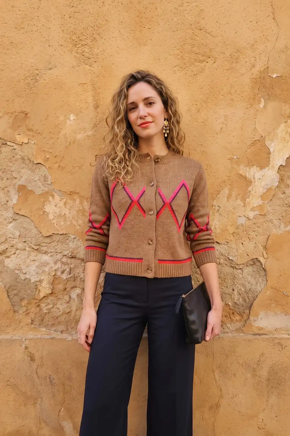 Woman wearing camel brown argyle knit cardigan with navy straight trousers