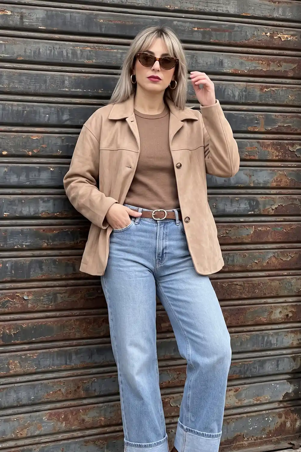 Woman wearing camel suede leather shacket with mocha ribbed top and light wash wide leg jeans