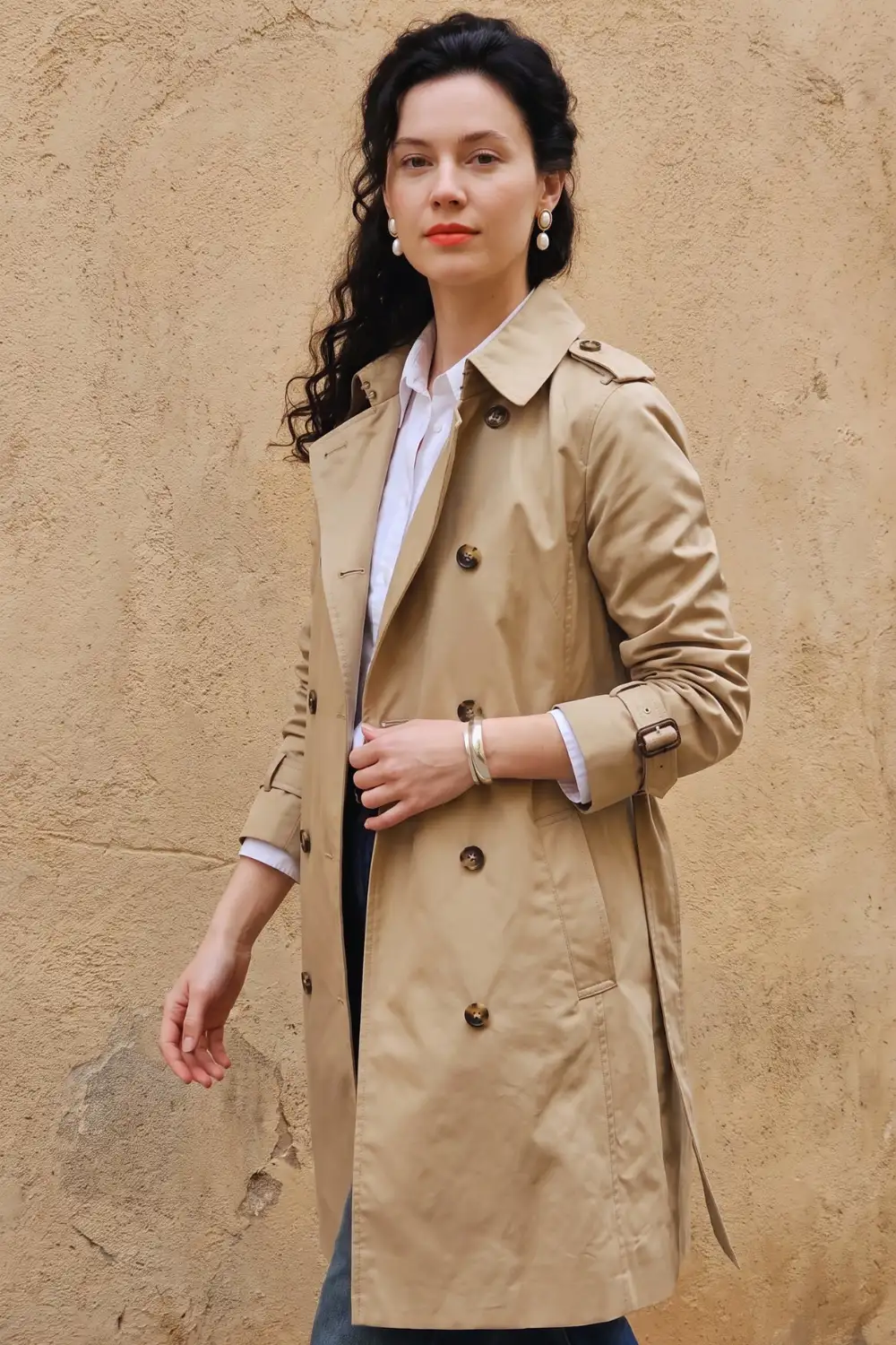 Woman in classic camel double-breasted trench coat with white shirt and dark jeans