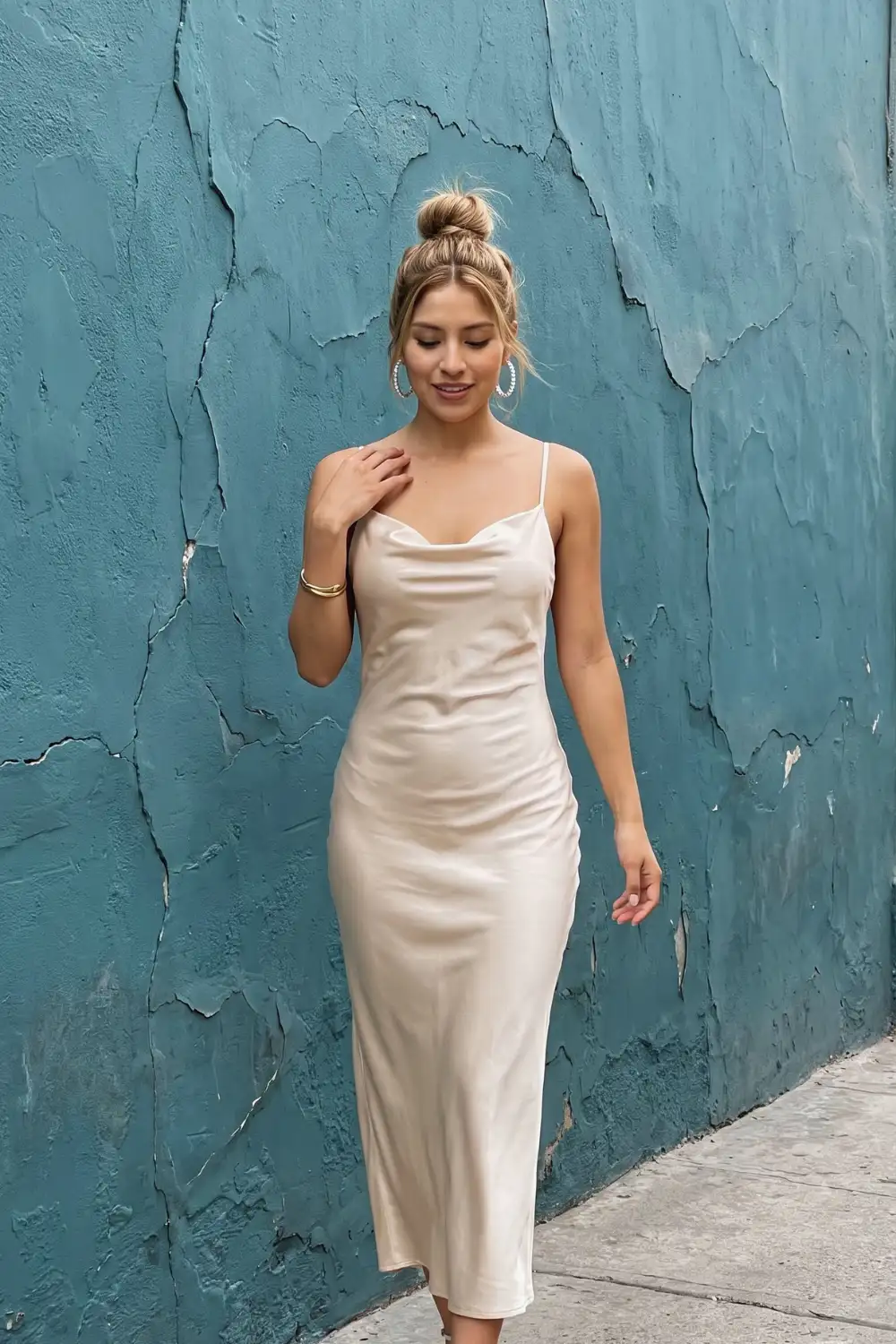 Woman in champagne ivory satin cowl neck slip midi dress with thin straps
