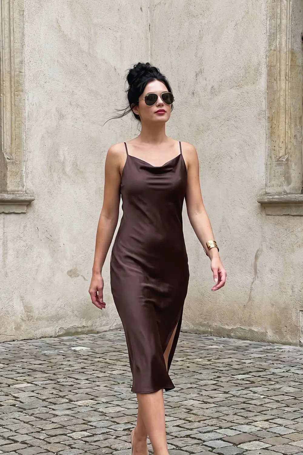 Woman in chocolate brown satin cowl neck slip midi dress with side slit