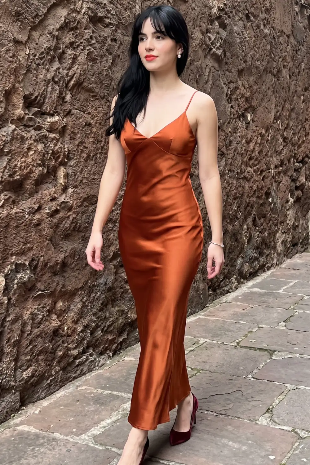 Woman in copper burnt orange satin v neck slip maxi dress with burgundy heels