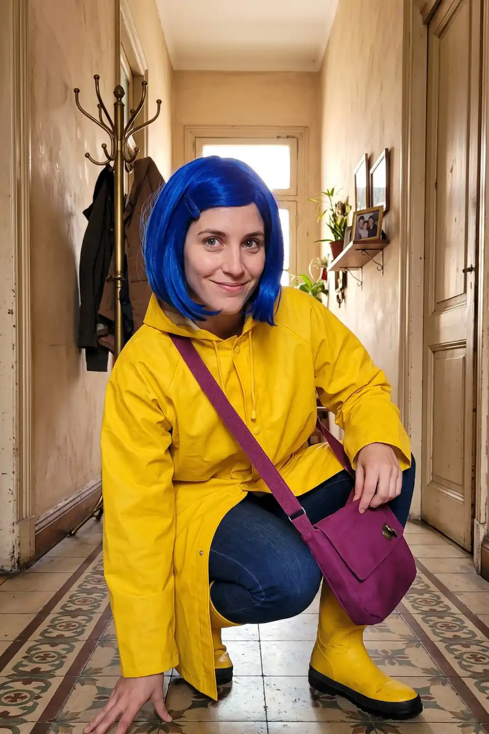 Woman dressed as Coraline in yellow raincoat blue wig and yellow boots