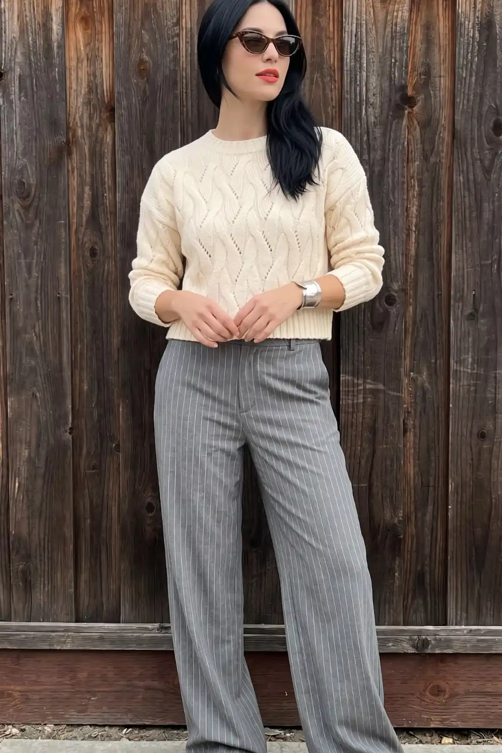 Woman wearing cream cable knit cropped sweater with grey pinstripe wide leg trousers