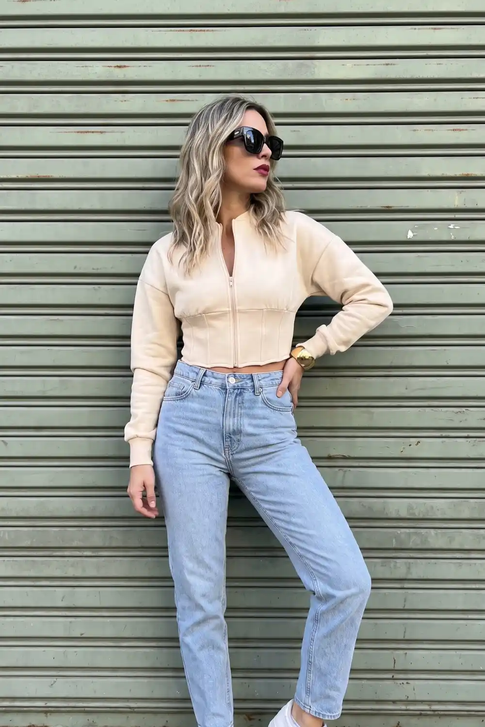 Woman wearing cream corset panel cropped zip-up sweatshirt with mom jeans