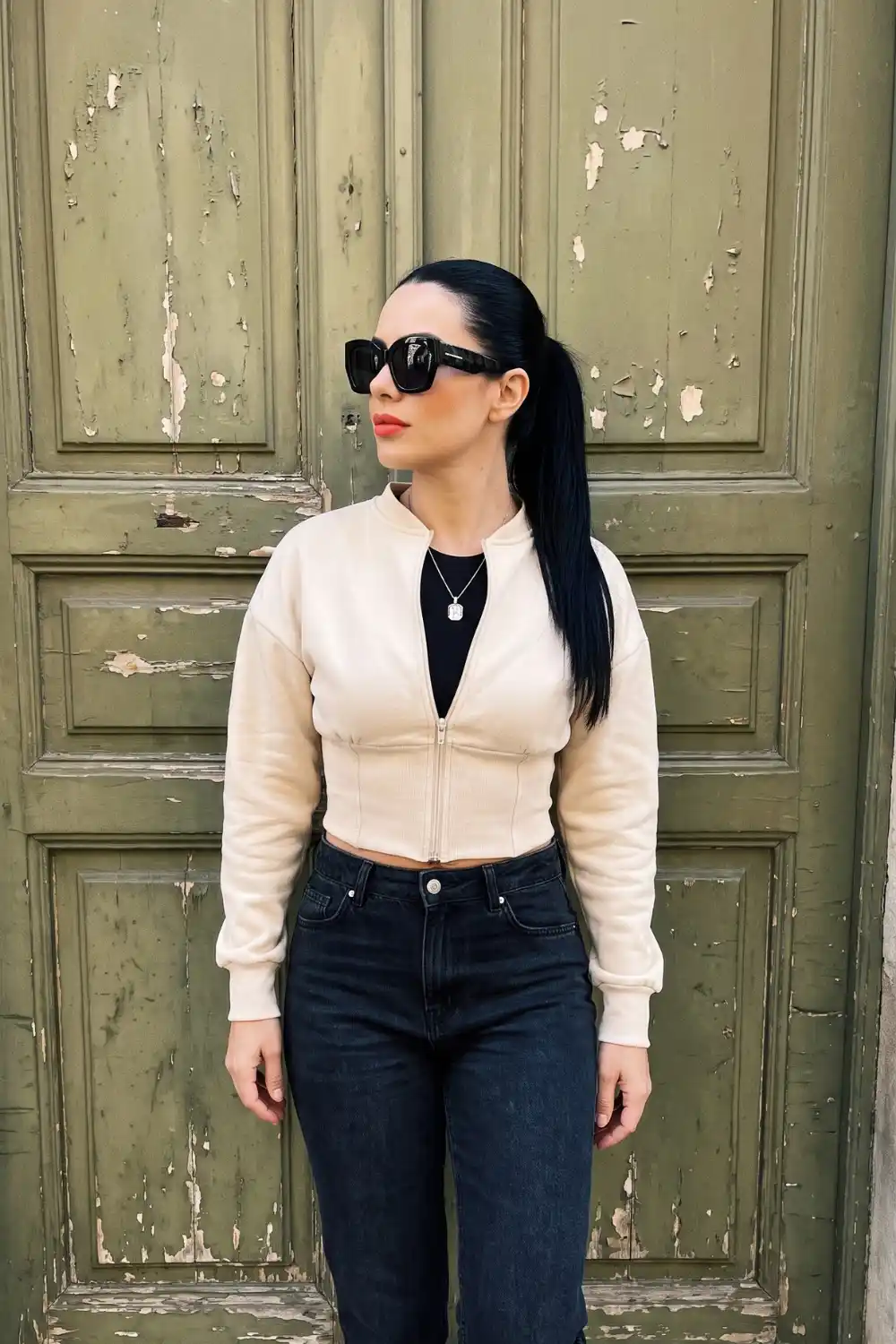 Woman wearing cream cropped zip-up sweatshirt over black crop top with dark jeans