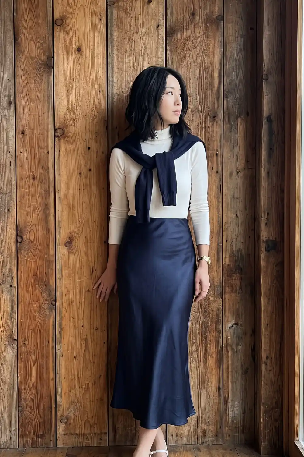 Woman wearing cream ribbed long sleeve top with navy satin midi skirt and navy knit over shoulders