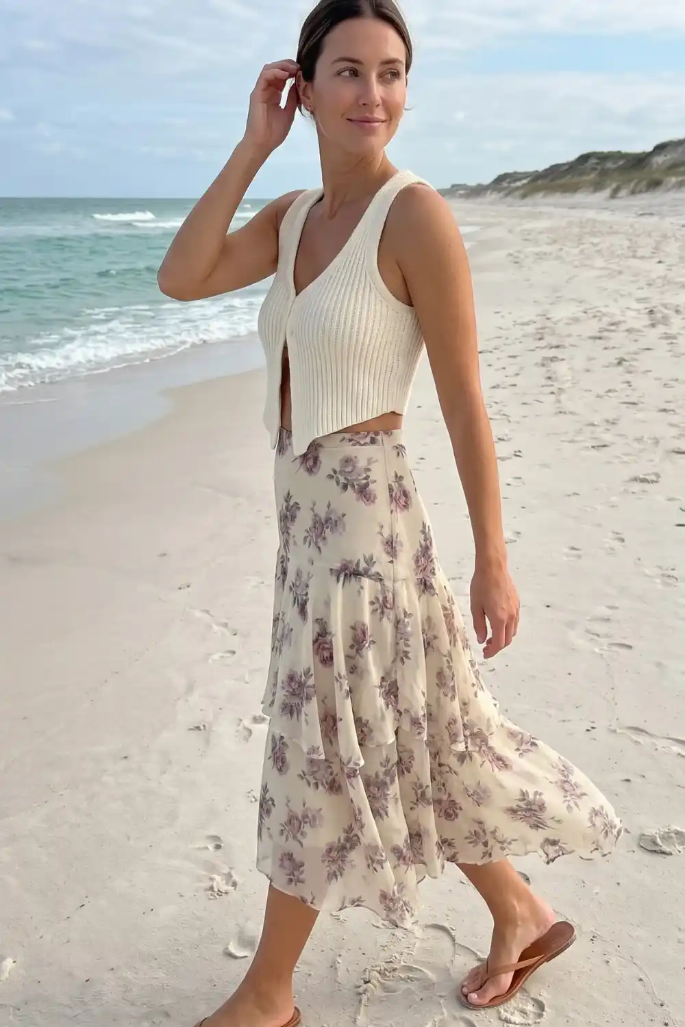 Woman wearing cream ribbed knit crop vest with purple floral chiffon midi skirt on the beach