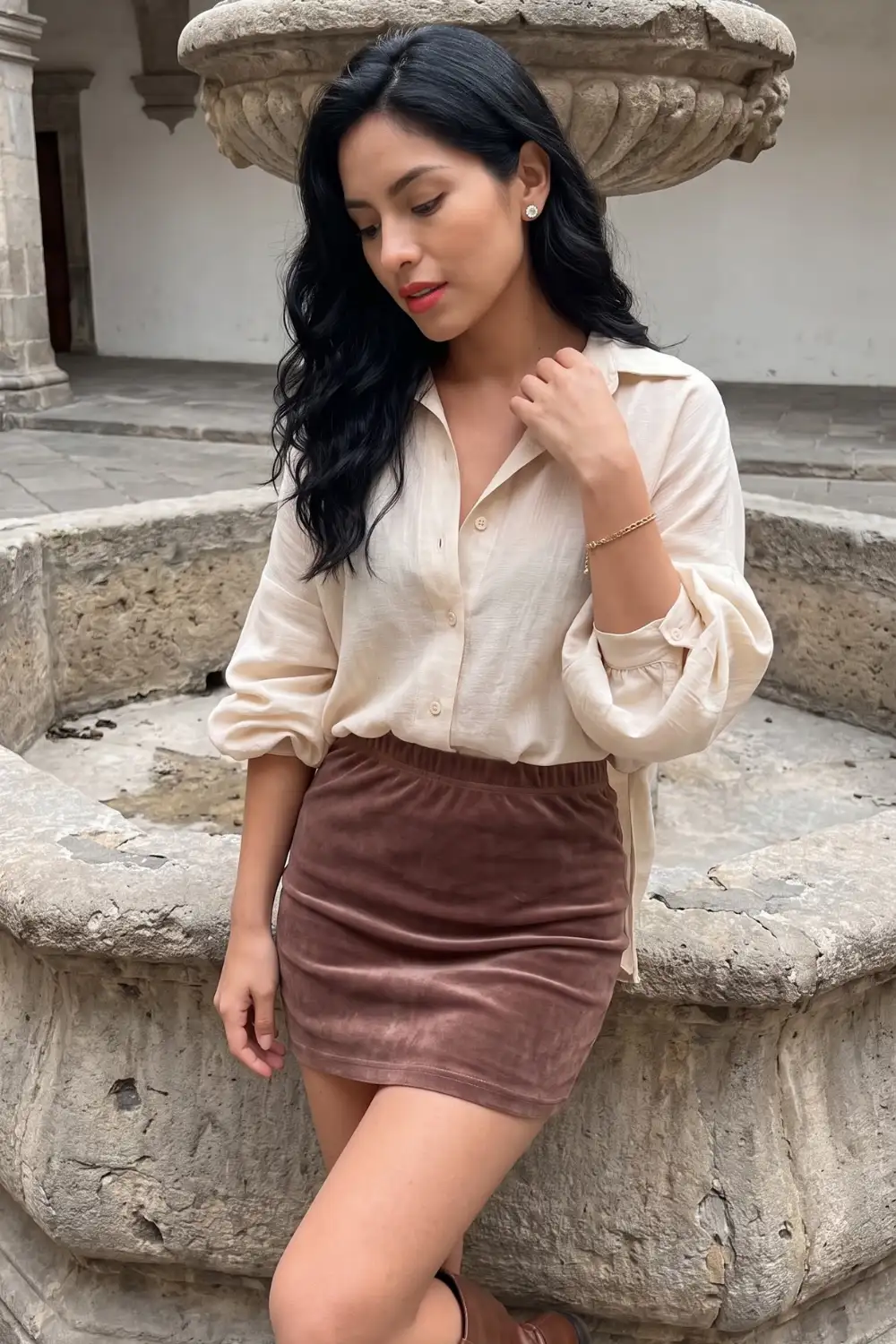 Woman in cream linen oversized shirt with brown velvet mini skirt
