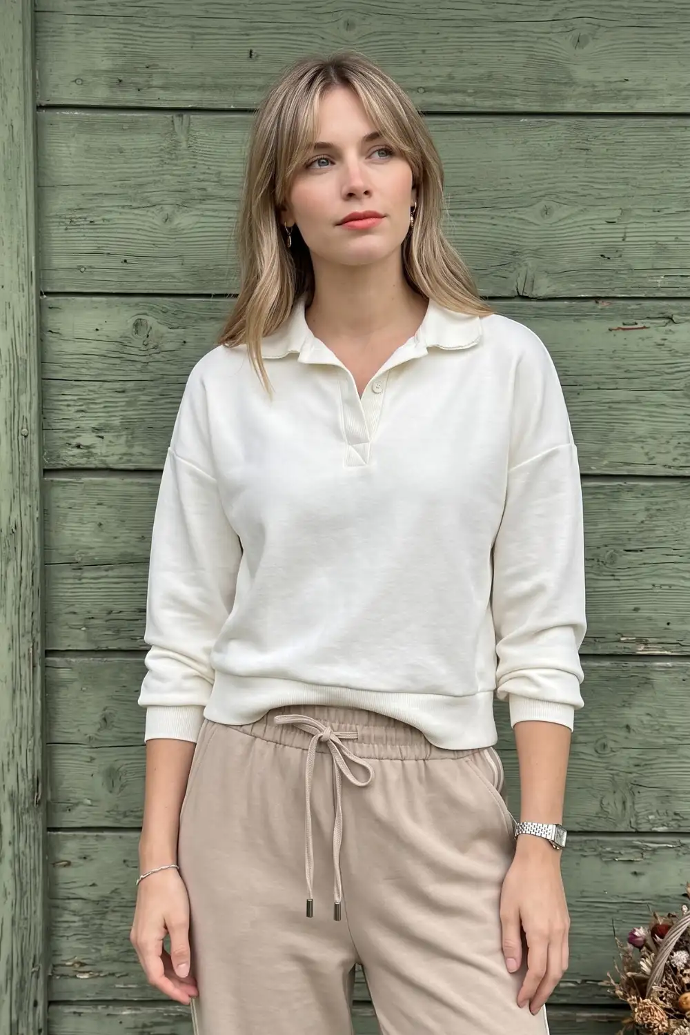 Woman in cream oversized polo sweatshirt with beige drawstring joggers