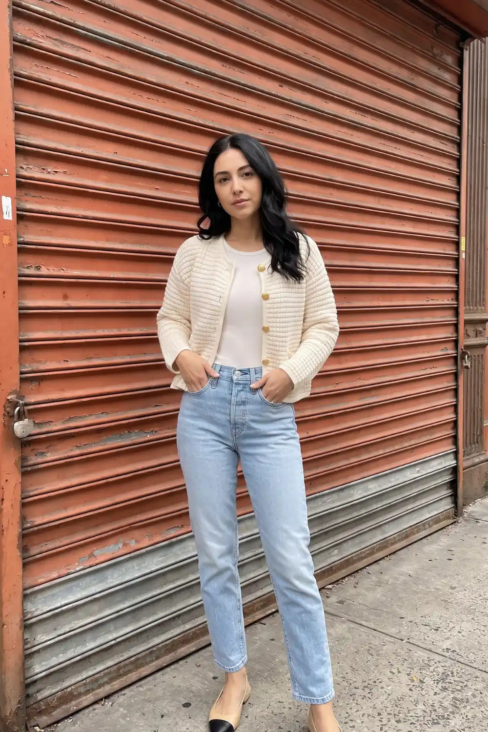 Woman wearing cream quilted gold button cardigan with beige tee and light wash straight jeans