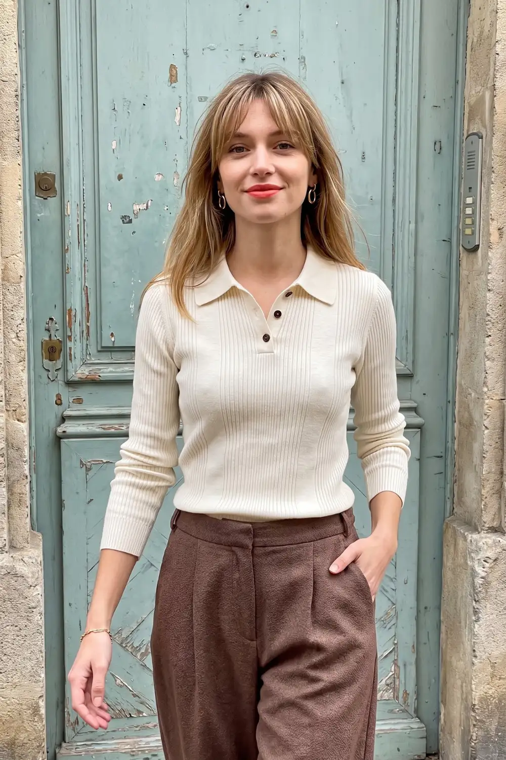 Woman in cream ribbed knit long sleeve polo sweater with brown tailored trousers