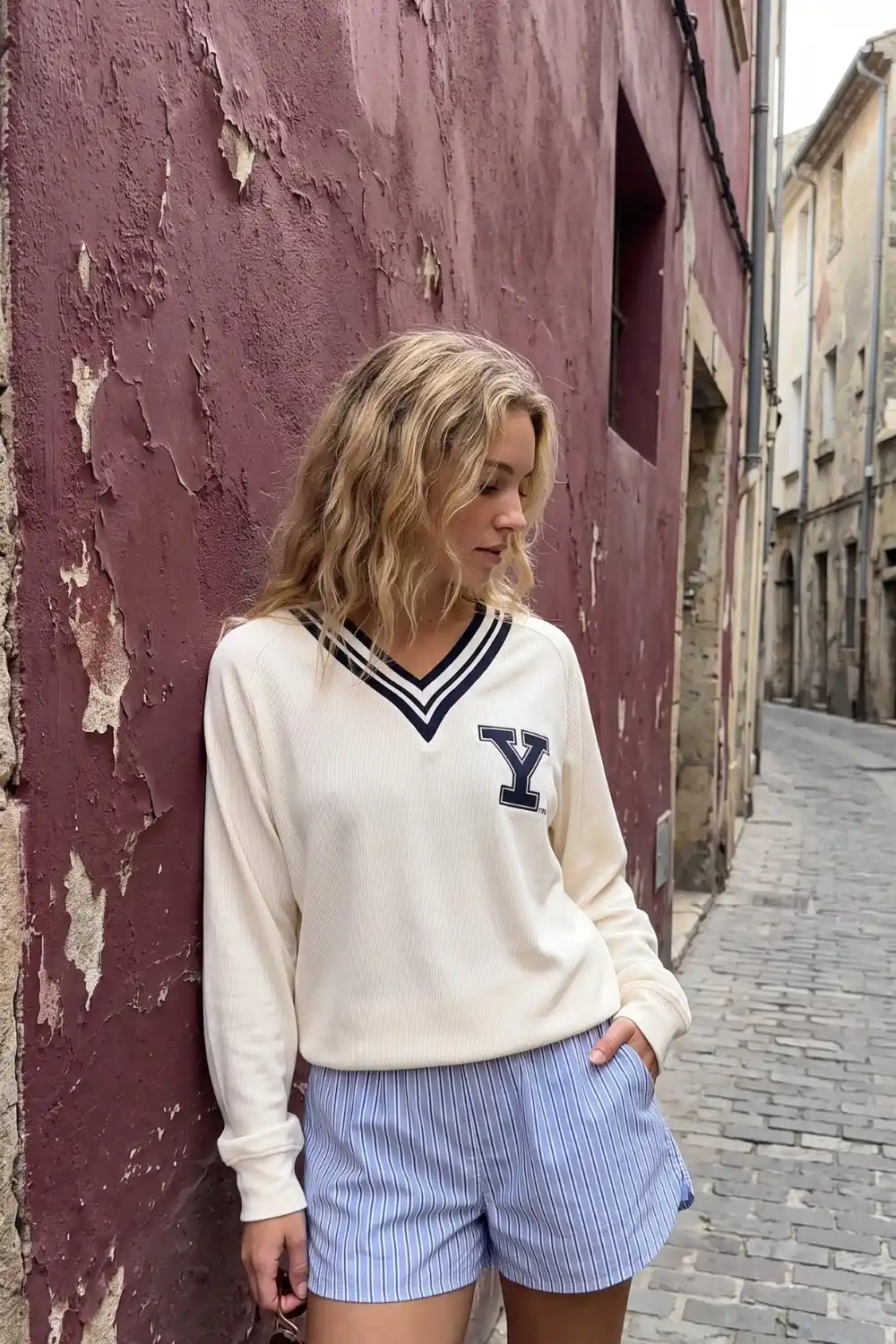 Woman wearing cream ribbed varsity V-neck knit sweater