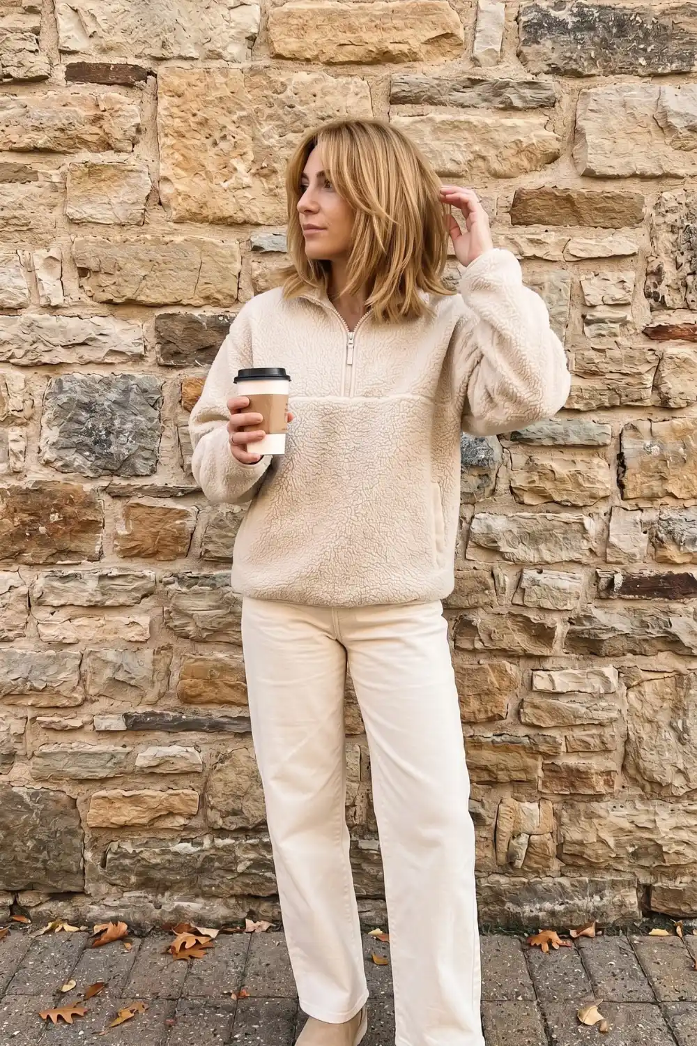 Woman wearing cream sherpa half zip pullover with cream wide leg jeans