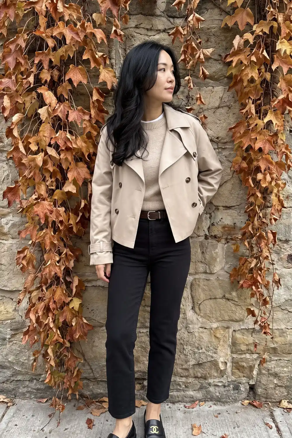 Woman wearing beige cropped trench jacket with oatmeal sweater and black straight jeans