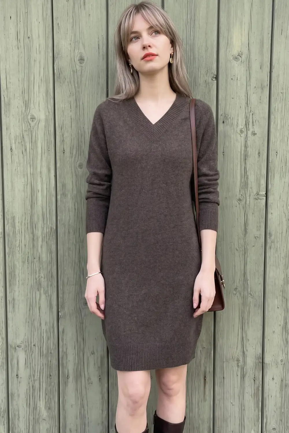 Woman in dark brown v-neck oversized knit midi sweater dress
