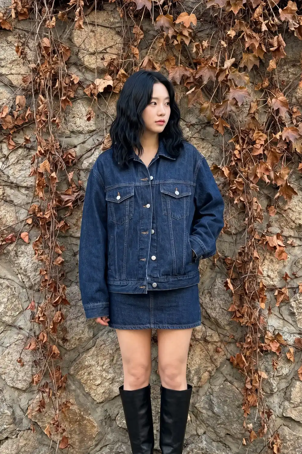 Woman wearing dark indigo denim jacket and mini skirt coord set with black knee high boots