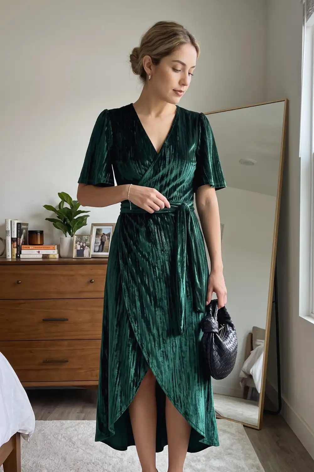 Woman in dark green crushed velvet wrap midi dress with flutter sleeves