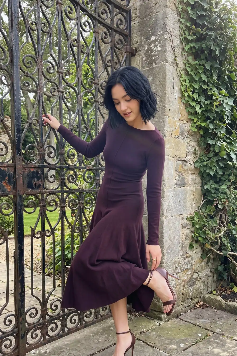 Woman in deep plum purple long sleeve fitted flared knit midi dress with brown strappy heels
