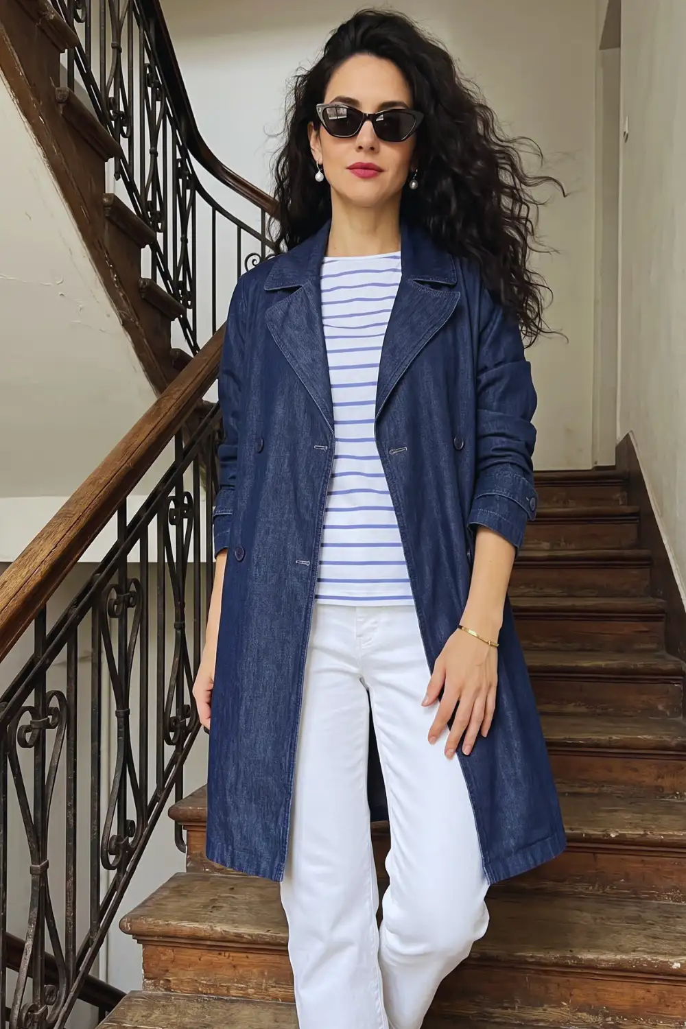 Woman in dark denim trench coat with blue white stripe top and white wide leg jeans