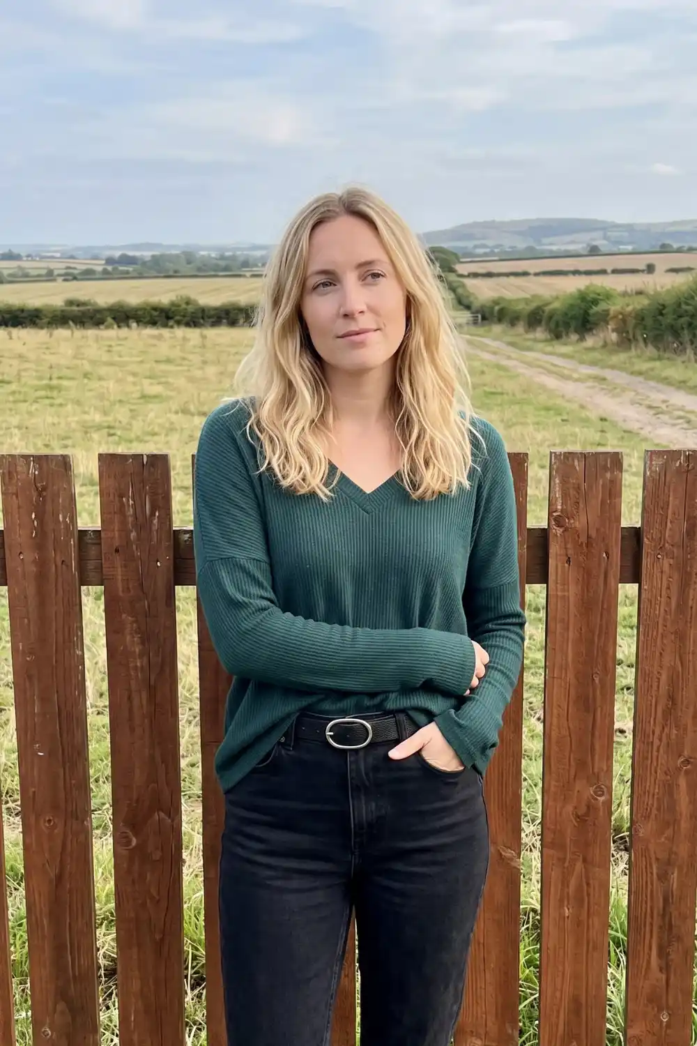 Woman wearing forest green ribbed V-neck sweater