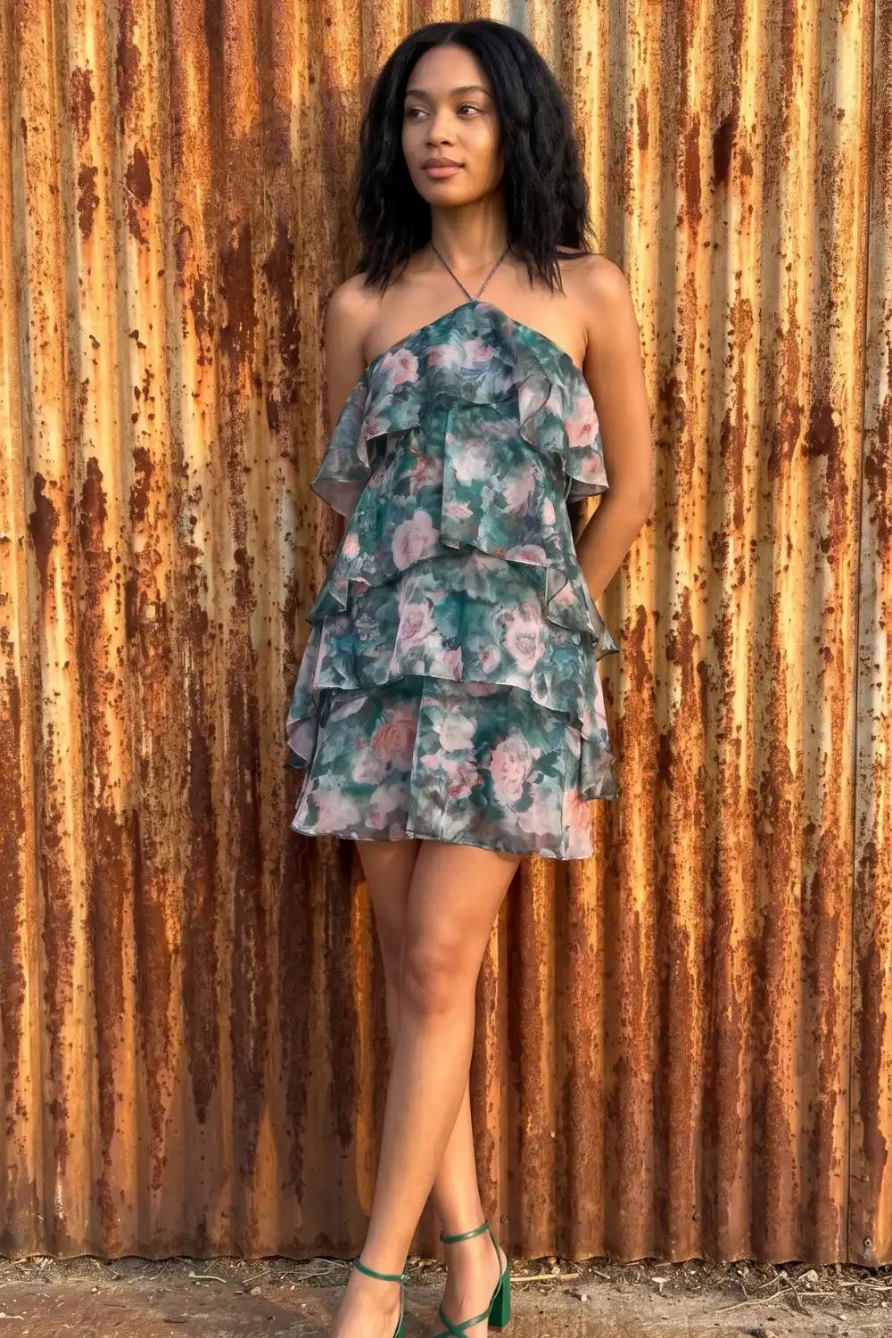 Woman wearing green floral tiered ruffle halter mini dress