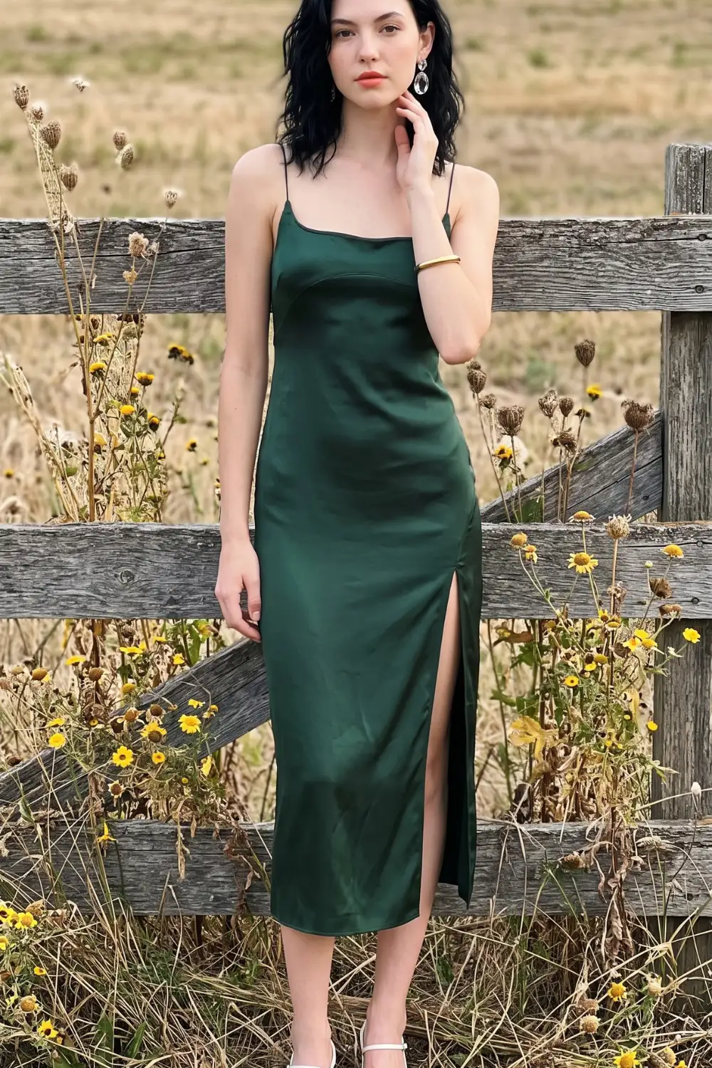 Woman in forest green satin slip midi dress with side slit