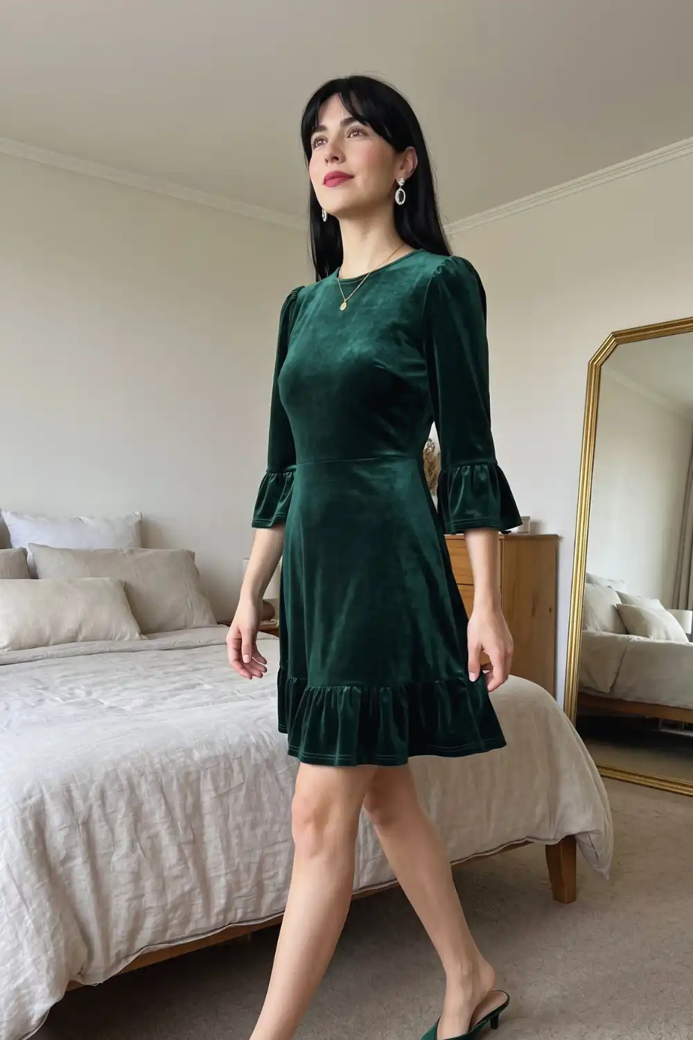 Woman in dark green velvet bell sleeve ruffle hem mini dress