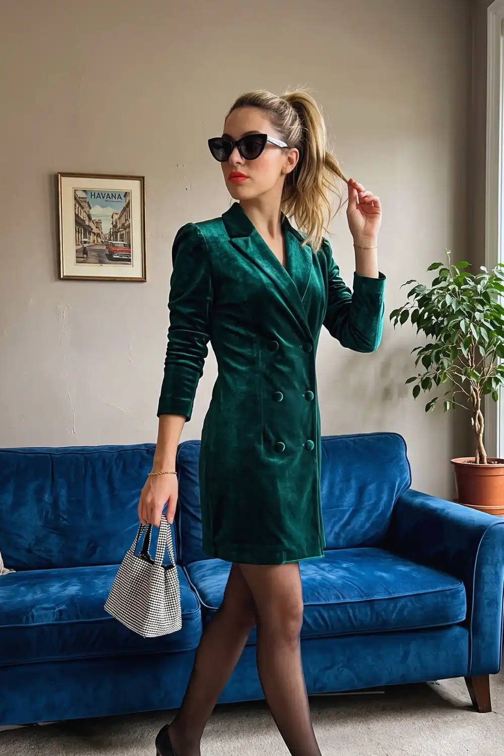 Woman in dark green velvet double breasted blazer mini dress with sheer tights