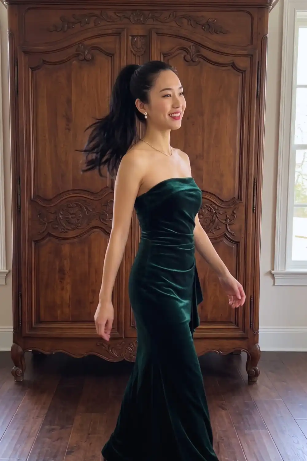 Woman in emerald green velvet strapless mermaid maxi dress