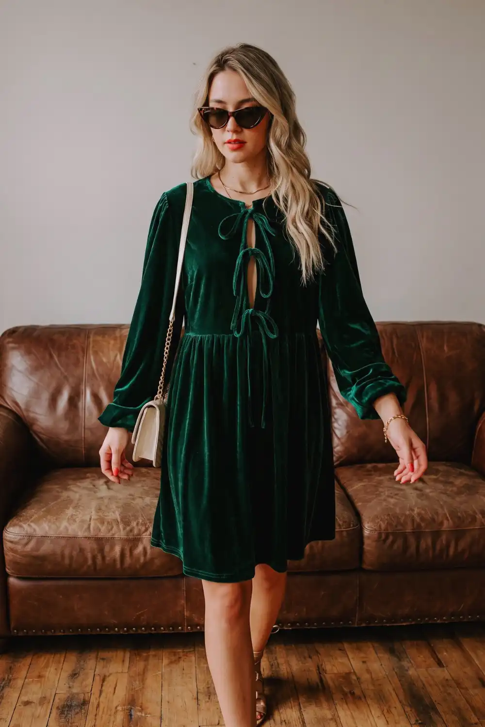 Woman in emerald green velvet tie front long sleeve mini dress
